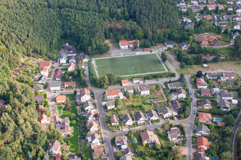 Green artifical lawn football pitch in the district Hoeningen in Altleiningen in the state Rhineland-Palatinate