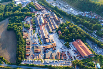 Aerial photograpy of F. v. Müller roof tile works of Wienerberger GmbH Plant Eisenberg in Eisenberg in the state Rhineland-Palatinate, Germany