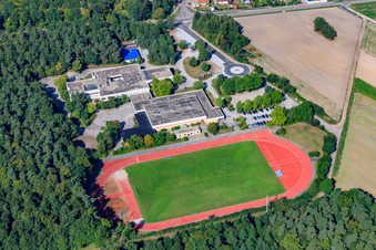 Aerial view of Römerbad School, sports hall and square Römerbad in Rheinzabern in the state Rhineland-Palatinate, Germany
