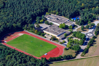 Aerial photograpy of Römerbad School, sports hall and square Römerbad in Rheinzabern in the state Rhineland-Palatinate, Germany