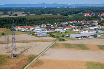 Aerial photograpy of Gewerbering commercial area in the district Rußheim in Dettenheim in the state Baden-Wuerttemberg, Germany