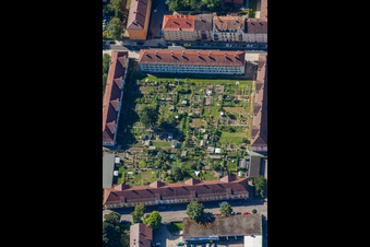 Small gardens in the court-yards of a housing block in Offenburg in the state Baden-Wurttemberg, Germany