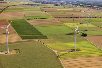 Aerial view of Wind turbines of the wind farm Minfeld in Minfeld in the state Rhineland-Palatinate, Germany