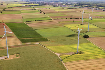 Aerial photograpy of Wind turbines of the wind farm Minfeld in Minfeld in the state Rhineland-Palatinate, Germany