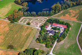 Aerial photograpy of Seehof (corn maze) in Leimersheim in the state Rhineland-Palatinate, Germany