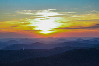 Sunset over the Palatinate Forest in the district Gleishorbach in Gleiszellen-Gleishorbach in the state Rhineland-Palatinate, Germany