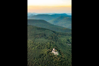 Aerial view of Landeck Castle at sunset in Klingenmünster in the state Rhineland-Palatinate, Germany