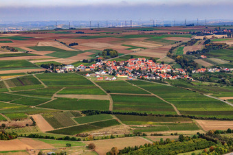 View of the town from the south below the wind farm in Hangen-Weisheim in the state Rhineland-Palatinate, Germany