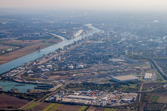 Aerial view of Building and production halls on the premises of the chemical manufacturers BASF (nothern door 15 at cargo rail terminal) in Ludwigshafen am Rhein in the state Rhineland-Palatinate, Germany