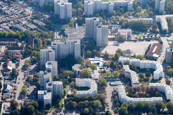 High-rise buildings in the residential area of an industrially manufactured prefabricated housing estate on the London Ring in the district Pfingstweide in Ludwigshafen am Rhein in the state Rhineland-Palatinate, Germany