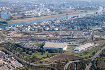 Aerial photograpy of Building and production halls on the premises of the chemical manufacturers BASF (nothern door 15 at cargo rail terminal) in Ludwigshafen am Rhein in the state Rhineland-Palatinate, Germany