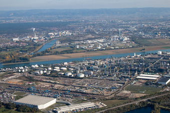 Aerial view of District BASF in Ludwigshafen am Rhein in the state Rhineland-Palatinate, Germany