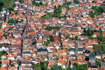Aerial view of Catholic Church of St. Remigius in the district Diedesfeld in Neustadt an der Weinstraße in the state Rhineland-Palatinate, Germany