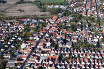 Aerial photograpy of Town View of the streets and houses of the residential areas in Bobenheim-Roxheim in the state Rhineland-Palatinate