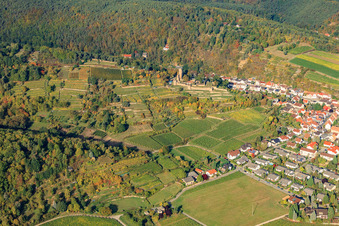 Aerial view of Wachtenbur (Ruins of Wachenheim Castle) on the Haardtrand in Wachenheim an der Weinstraße in the state Rhineland-Palatinate, Germany