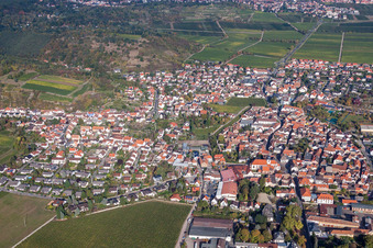 Aerial view of Town View of the streets and houses of the residential areas in Wachenheim an der Weinstrasse in the state Rhineland-Palatinate, Germany