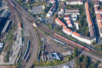 Aerial view of Routing the railway junction of rail and track systems Deutsche Bahn in Neustadt an der Weinstrasse in the state Rhineland-Palatinate