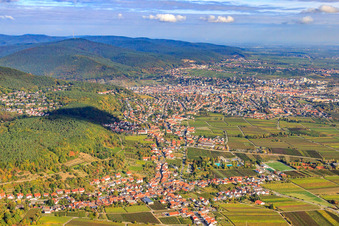 City view on the edge of the Haardt from the south in the district Hambach an der Weinstraße in Neustadt an der Weinstraße in the state Rhineland-Palatinate, Germany