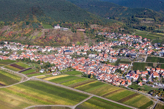 Aerial photograpy of Village - view on the edge of agricultural fields and farmland in Sankt Martin in the state Rhineland-Palatinate, Germany