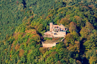 Oblique view of Ruins and remains of the walls of the former castle and fortress Rietburg in Rhodt unter Rietburg in the state Rhineland-Palatinate, Germany