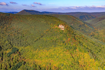 Ruins and remains of the walls of the former castle and fortress Rietburg in Rhodt unter Rietburg in the state Rhineland-Palatinate, Germany from above