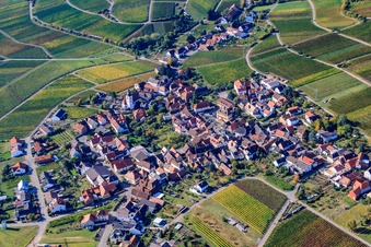 Aerial view of Wine-growing village on the edge of the Haardt from the north in Weyher in der Pfalz in the state Rhineland-Palatinate, Germany
