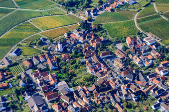 Aerial view of Lower village and parish church of St. Peter and Paul in Weyher in der Pfalz in the state Rhineland-Palatinate, Germany