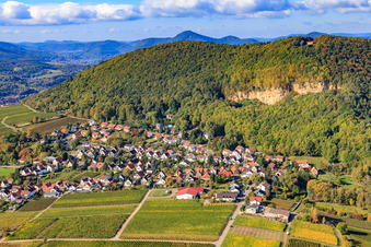 Aerial view of Village view under the limestone cliffs in Frankweiler in the state Rhineland-Palatinate, Germany