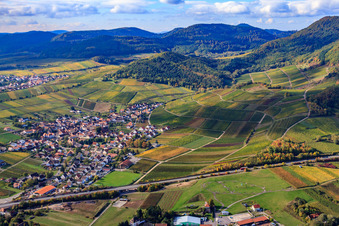 Aerial view of View of the town from the north in Birkweiler in the state Rhineland-Palatinate, Germany