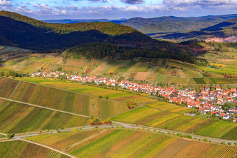 Aerial photograpy of Wine-growing village between vineyards from the south in Ranschbach in the state Rhineland-Palatinate, Germany