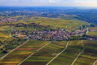 Aerial view of Wine-growing village on the small Kalmit from the west in Ilbesheim bei Landau in the state Rhineland-Palatinate, Germany