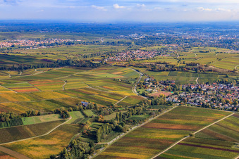 Aerial photograpy of Wine-growing village on the small Kalmit from the west in Ilbesheim bei Landau in the state Rhineland-Palatinate, Germany