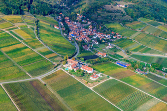 Wine-growing village on the edge of the Haardt from the southeast in Leinsweiler in the state Rhineland-Palatinate, Germany