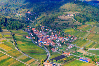 Aerial view of Wine-growing village on the edge of the Haardt from the southeast in Leinsweiler in the state Rhineland-Palatinate, Germany