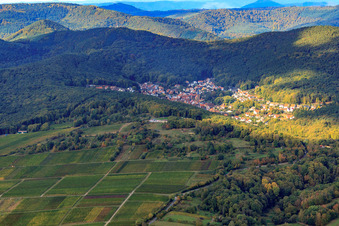 Aerial view of Village hidden in the Palatinate Forest in Dörrenbach in the state Rhineland-Palatinate, Germany
