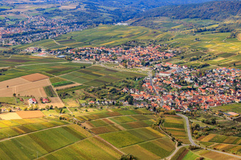 Aerial view of View of a winegrowing village from the north in the district Rechtenbach in Schweigen-Rechtenbach in the state Rhineland-Palatinate, Germany