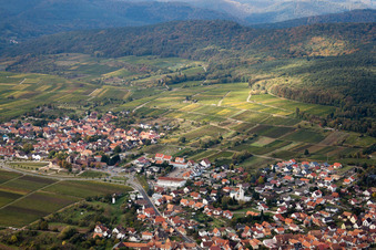 View of a winegrowers' village from the north below the Sonnenberg vineyard in the district Rechtenbach in Schweigen-Rechtenbach in the state Rhineland-Palatinate, Germany