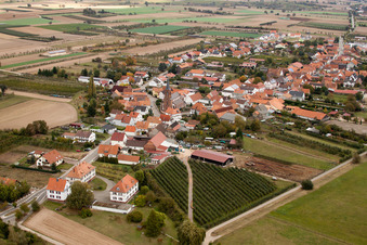 Aerial photograpy of Village - view on the edge of agricultural fields and farmland in Schweighofen in the state Rhineland-Palatinate, Germany