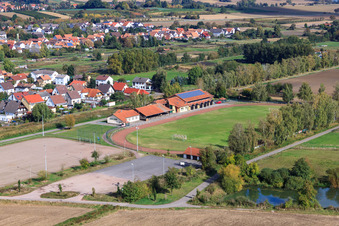 Aerial photograpy of Sports fields of Sportfreunde Steinfeld and Wiesentalhalle in Steinfeld in the state Rhineland-Palatinate, Germany