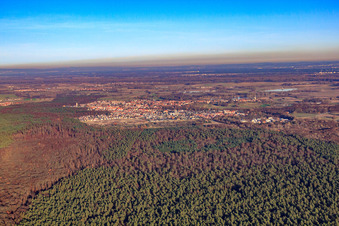 City behind the Bienwald from the southwest in Jockgrim in the state Rhineland-Palatinate, Germany