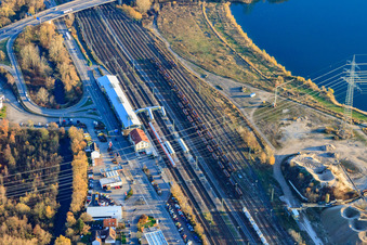Aerial photograpy of Wörth (Rhine) train station in Wörth am Rhein in the state Rhineland-Palatinate, Germany