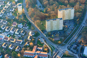 Aerial view of High-rise buildings at the water tower in the Dorschberg district in Wörth am Rhein in the state Rhineland-Palatinate, Germany