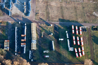 Aerial photograpy of Truck storage on the Rhine in the district Maximiliansau in Wörth am Rhein in the state Rhineland-Palatinate, Germany
