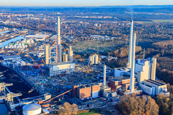 EnBW power plant in the district Daxlanden in Karlsruhe in the state Baden-Wuerttemberg, Germany from above