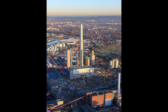 EnBW power plant in the district Daxlanden in Karlsruhe in the state Baden-Wuerttemberg, Germany seen from above