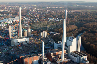 Bird's eye view of EnBW power plant in the district Daxlanden in Karlsruhe in the state Baden-Wuerttemberg, Germany