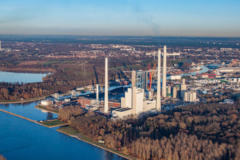 EnBW power plant in the district Daxlanden in Karlsruhe in the state Baden-Wuerttemberg, Germany viewn from the air