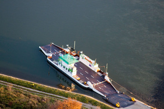 Aerial view of Rhine ferry "Baden-Palatinate in Neuburg am Rhein in the state Rhineland-Palatinate, Germany