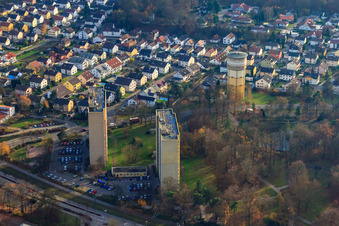 Aerial photograpy of High-rise buildings at the water tower in the Dorschberg district in Wörth am Rhein in the state Rhineland-Palatinate, Germany