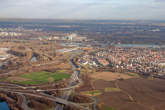 Intersection A65 with B9 and B10 Wörther Trog from the west in the district Maximiliansau in Wörth am Rhein in the state Rhineland-Palatinate, Germany